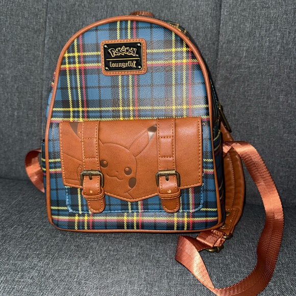 Loungefly Handbags - Loungefly Blue Tartan Pikachu Plaid Mini Backpack with Brown Accents